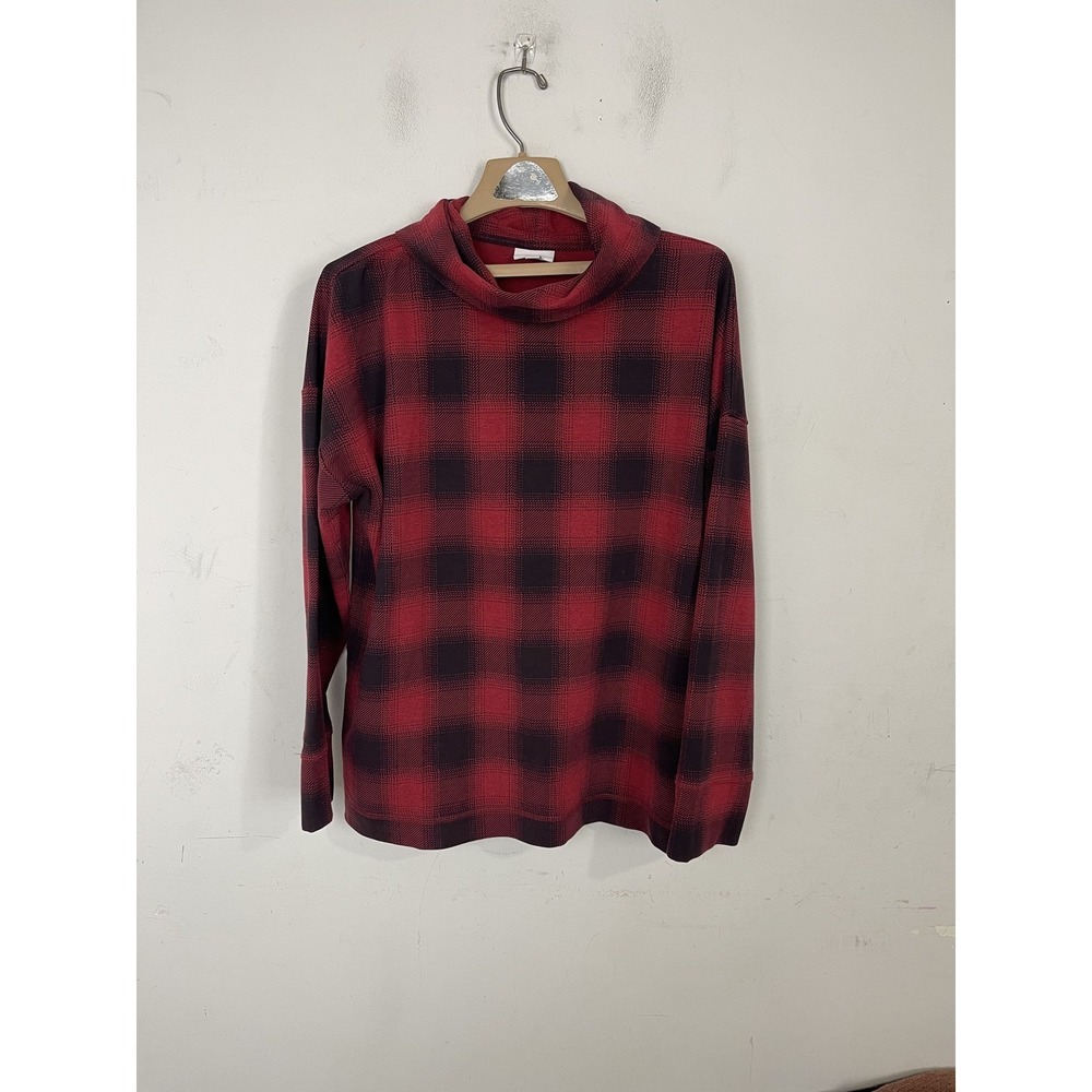 J. Jill Fit Womens L Red Black Plaid Long Sleeve Pullover Top Casual‎